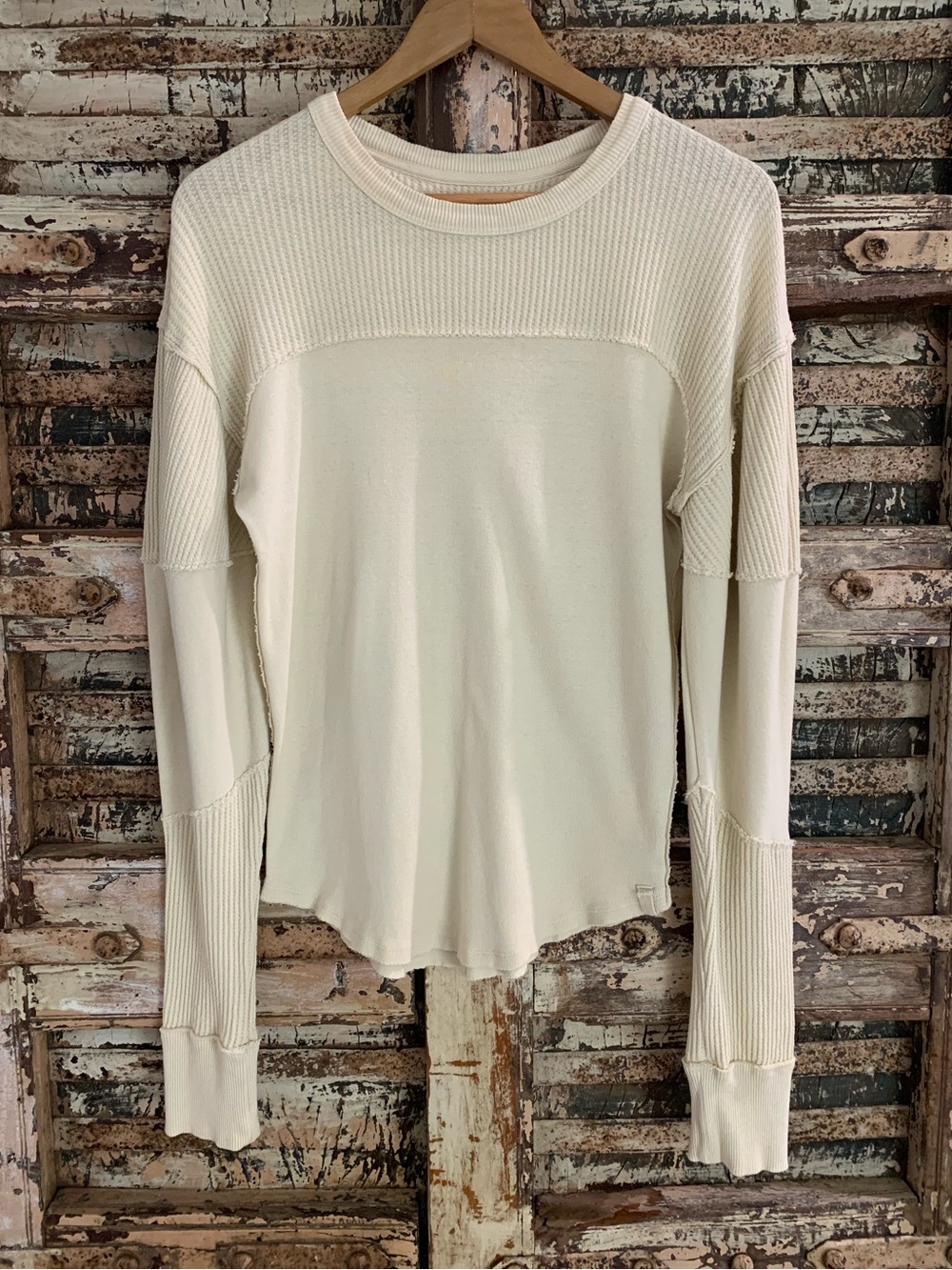 We The Free Cream Waffle Knit Raw Edge Long Sleeve Top, Pale Yellow Cream, S